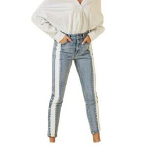 Hayden Snap Button Leg Ankle Contrast Striped Medium Wash Skinny Denim Jeans